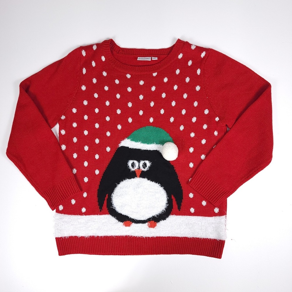 Kim Rogers Petite Red Penguin Ugly Christmas Sweater PXL Pom Pom Holiday Festive